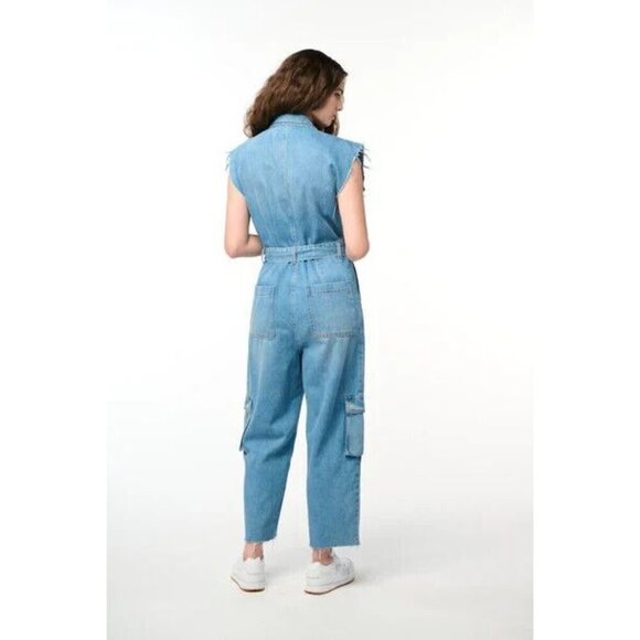 Blank NYC Denim Jumpsuit SMALL Relaxed Fit Belted Cropped Raw Straight Leg - Picture 4 of 16